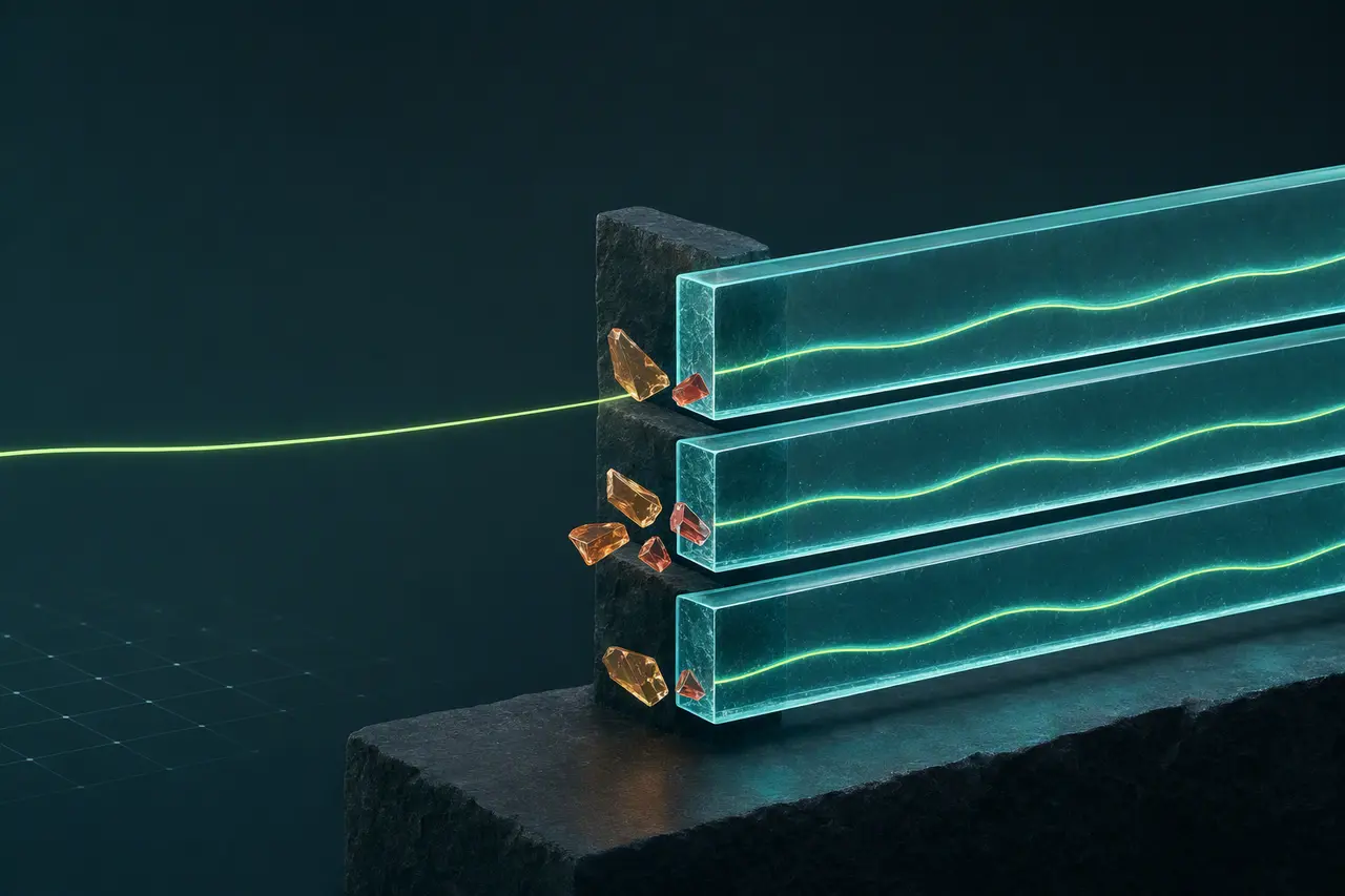 Three glass layers preserve a clear green status signal while amber motion fragments rest at the boundary.